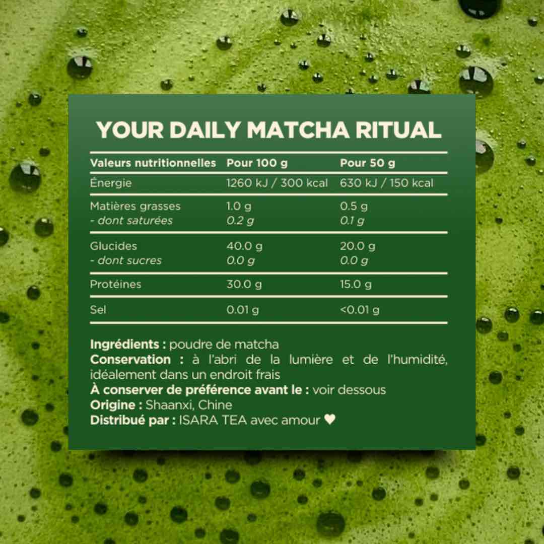 Valeurs nutritionnelles et ingrédients du matcha cérémonie ISARA