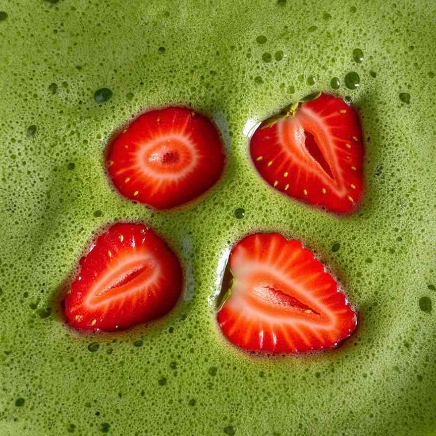 Matcha vert avec morceaux de fraises, illustration du goût matcha fraise ISARA