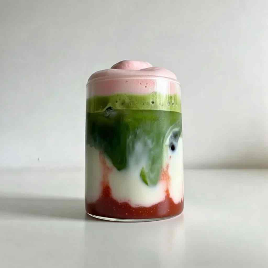 Latte matcha fraise ISARA préparé avec lait et mousse, boisson gourmande