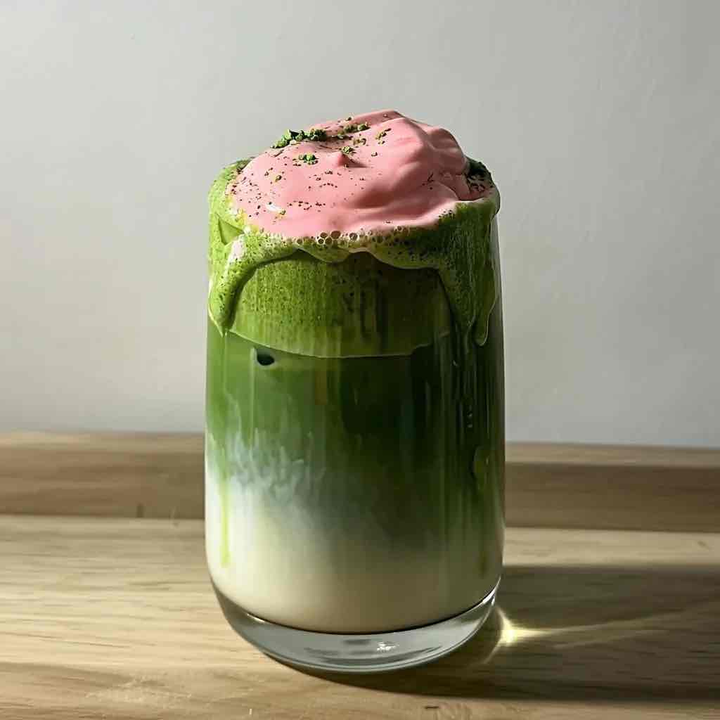 Latte matcha fraise ISARA avec mousse fraise, boisson gourmande et crémeuse