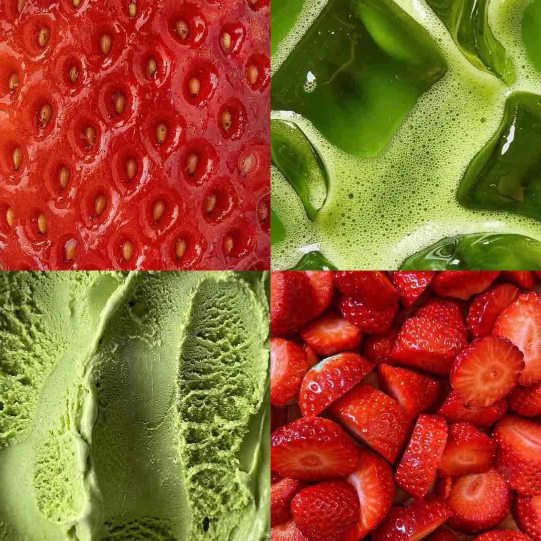 Textures de matcha vert et de fraises illustrant le goût du matcha fraise ISARA