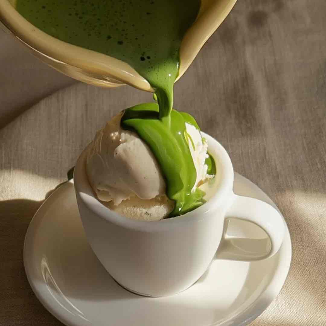 Matcha vanille chaud versé sur glace vanille