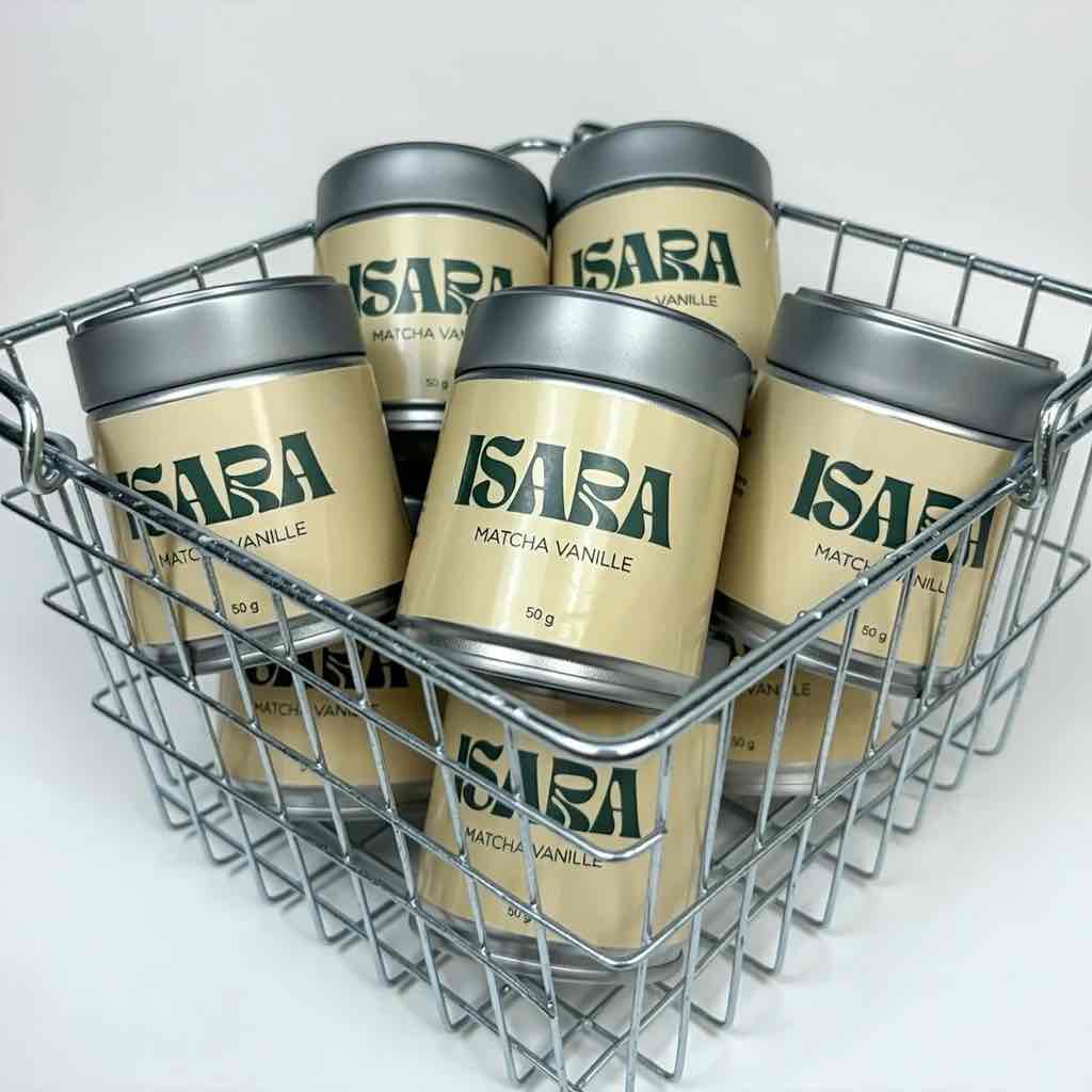 Pots de matcha vanille ISARA en format 50g prêts à être expédiés