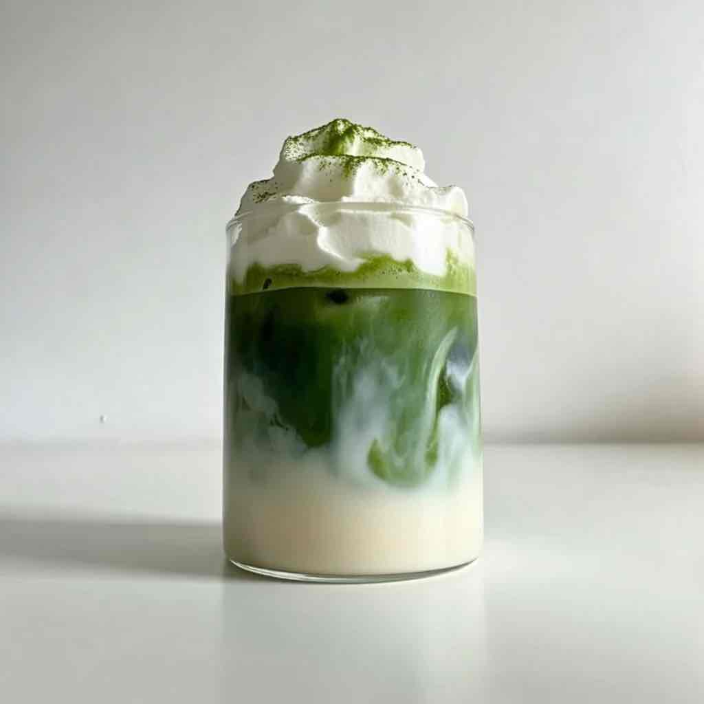 Latte au matcha vanille avec lait et crème fouettée