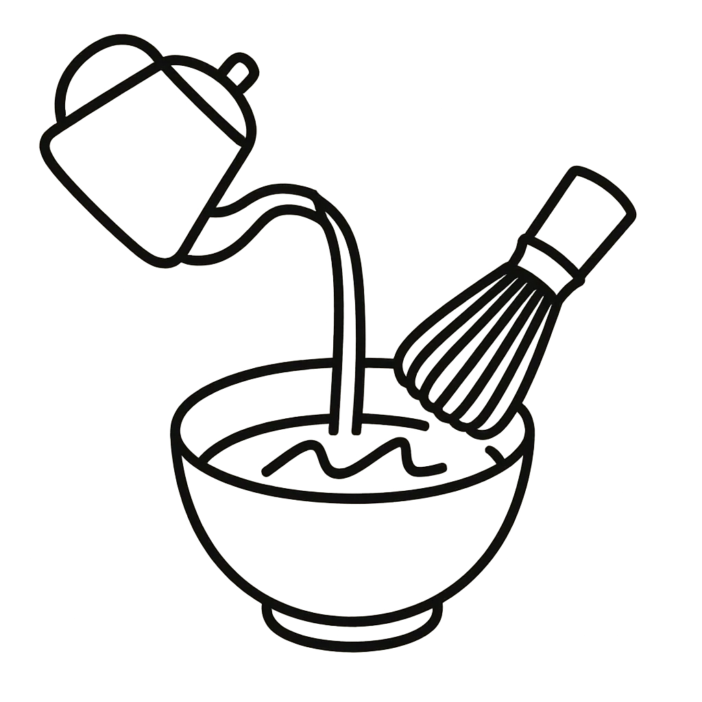 Étape 2 de la préparation du matcha : ajouter de l’eau chaude et fouetter